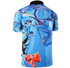 A blue polo shirt featuring a vibrant fishing-themed print, with a design of fish and fishing gear. It has a logo.
