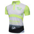 A short-sleeved polo shirt in bright green and white featuring a logo and road-themed graphic design.