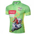 A vibrant green polo shirt featuring a graphic of a delivery rider on a scooter, complemented by logo branding.
