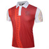 A red and white polo shirt with a patterned design and a logo on the chest.