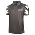 A camouflage sublimation polo in grey and green, featuring short sleeves and a collar, with a logo on the front.