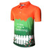 An orange polo shirt with a green gardening theme featuring a white fence and floral designs. It has a logo.