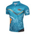 A polo jersey in turquoise featuring Aboriginal artwork with intricate designs and a logo on the chest.
