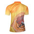 A polo shirt featuring a vibrant orange design with circular patterns and a frog illustration. It has a logo.