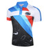 A polo shirt featuring blue, red, and black colours with a patterned design and a logo.