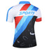 A polo shirt featuring blue, red, and black colours with a logo and handprint designs on the back.