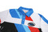 A polo shirt featuring a vibrant design with blue, red, black, and white colours, and a logo on the front.