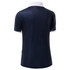 A navy blue polo shirt with a white collar and short sleeves, featuring a logo on the back.