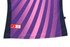A ladies' polo shirt featuring a vibrant gradient of purple and pink stripes, with a logo at the hem.