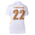 A white women's cricket uniform top with gold accents and a player number on the back. It features a logo.