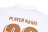 A white cricket uniform top for women with a striped design and a logo. Features a name placeholder and number on the back.