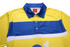 A cricket polo shirt featuring blue and yellow stripes, with a collar and a logo on the front.