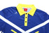 A blue cricket polo shirt with yellow collar and white accents, featuring a logo on the chest.