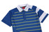 A polo shirt in blue with yellow stripes and white accents, featuring a logo on the collar.
