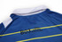 A blue polo shirt made of ultra mesh fabric featuring yellow stripes and a white collar, with a logo on the collar.