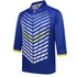 A blue sublimation polo with a striking white and yellow chevron pattern and three-quarter sleeves. It features a logo.