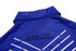 A blue polo shirt featuring a collar and geometric design, with branding on the back.