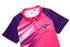 A women's polo in pink and purple with a logo, featuring a smaller collar and dynamic graphic design.
