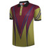 A polo shirt featuring a vibrant design with green and maroon colours, and a branded label at the collar.