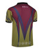 A polo shirt featuring green and maroon colours with a distinctive design and a logo on the back.