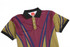 A polo shirt featuring a maroon, olive green, and navy design with a black collar and a logo.