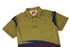 A polo shirt in olive green with navy and maroon design features and a chest pocket, along with a logo.