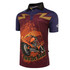 A motorcycle-themed polo shirt featuring orange and maroon colours with a vibrant graphic design. It has a logo.