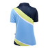 A women's polo shirt featuring a blue, navy, and lime green design with a modern pattern. It has a collar and short sleeves.