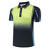 A short-sleeved polo shirt featuring a gradient design from bright green to dark blue, with a chest pocket and branding.