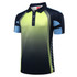 A polo shirt in vibrant green and black with blue accents and a logo. Features a classic collar and short sleeves.