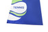 A blue polo shirt featuring a green and white design with the word "Tennis" displayed prominently.