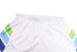A pair of white shorts featuring blue and green geometric shapes on the sides, with an elastic waistband.