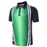 A polo shirt in green with navy stripes, featuring a collar and short sleeves. It has a logo on the front.