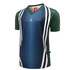 A polo shirt in green and navy with a sporty design, featuring striped accents and a logo on the front.