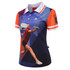 A short-sleeved badminton club uniform featuring a dynamic graphic in red, orange, and navy blue with a collar.