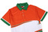 An orange and white sports polo shirt with a green collar and a distinctive design. It features a logo.