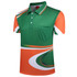 A green and orange polo shirt featuring a pocket and a stylish wave design, with a logo on the collar.