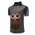 A camouflage polo shirt featuring a graphic of an owl made of coffee beans, in shades of grey and black.