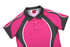 A pink and grey sublimated polo shirt with a stylish design and a collar, featuring buttons down the front.
