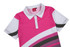 A women's polo shirt in pink with white and grey stripes, featuring a collar and a logo.