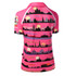 A pink polo shirt featuring skyline silhouettes and a logo, highlighting various landmarks against a sunset backdrop.