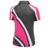 A polo shirt featuring a vibrant pink and grey design with abstract patterns, including a logo.