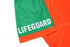 A bright orange and green quarter zip uniform with "LIFEGUARD" text, featuring a simple design and logo.
