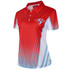 A red and white polo shirt with a blue design and a logo on the chest.