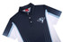 A polo shirt featuring a navy blue and white design with a logo on the chest.