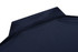 A navy blue polo shirt collar with a smooth finish, featuring a subtle branding logo at the back.
