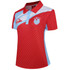 A red and light blue polo shirt for girls featuring a logo on the chest and a striped design.