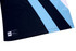 A polo shirt featuring black and light blue diagonal stripes and a logo on the hem.