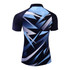 A polo shirt in blue and navy with a striking abstract design. The back features a logo.