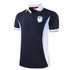 A navy and white sublimated cotton shirt with a logo on the chest and contrast stripes.